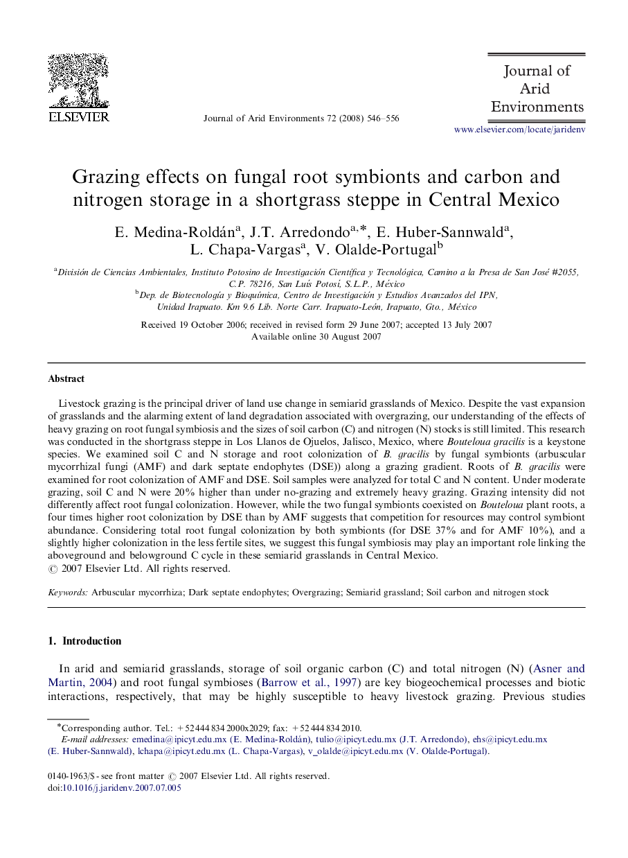 Grazing effects on fungal root symbionts and carbon and nitrogen storage in a shortgrass steppe in Central Mexico