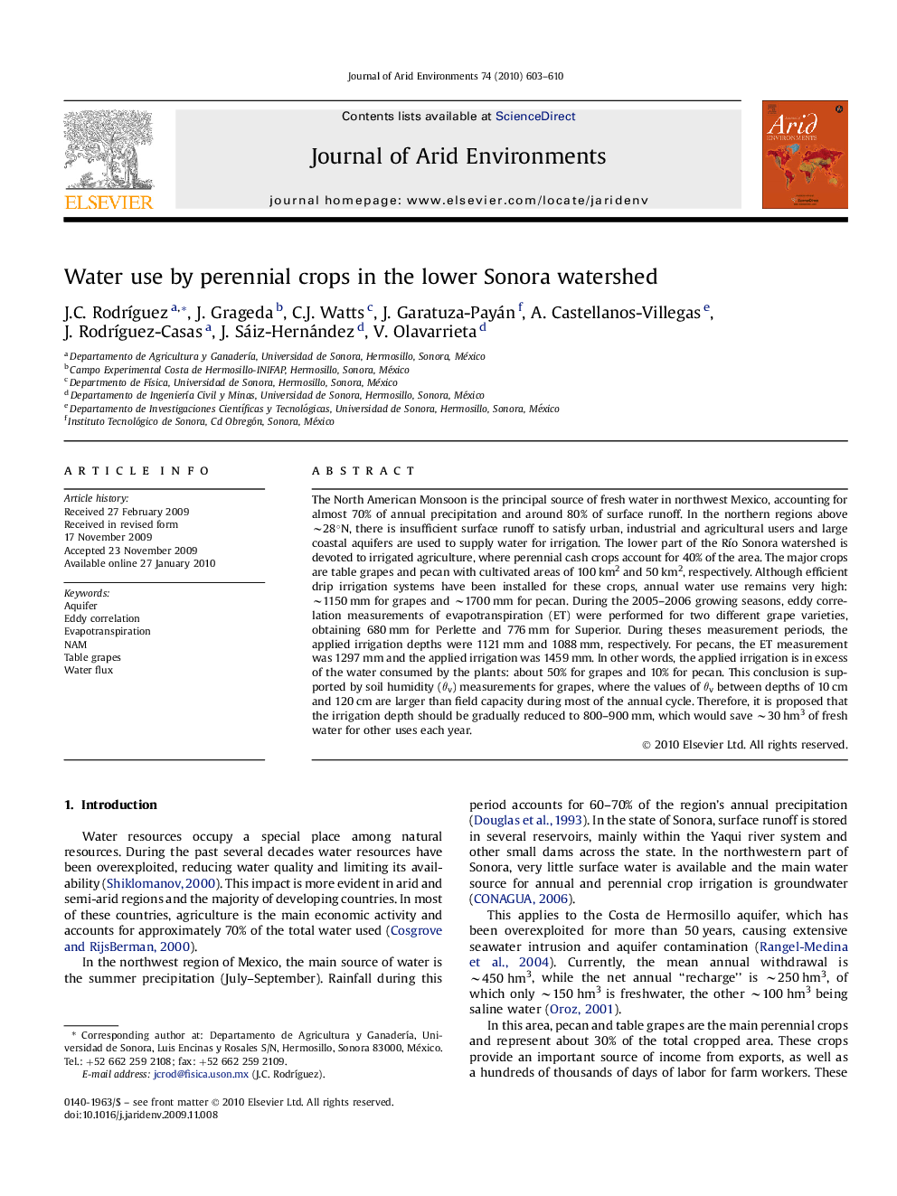 Water use by perennial crops in the lower Sonora watershed