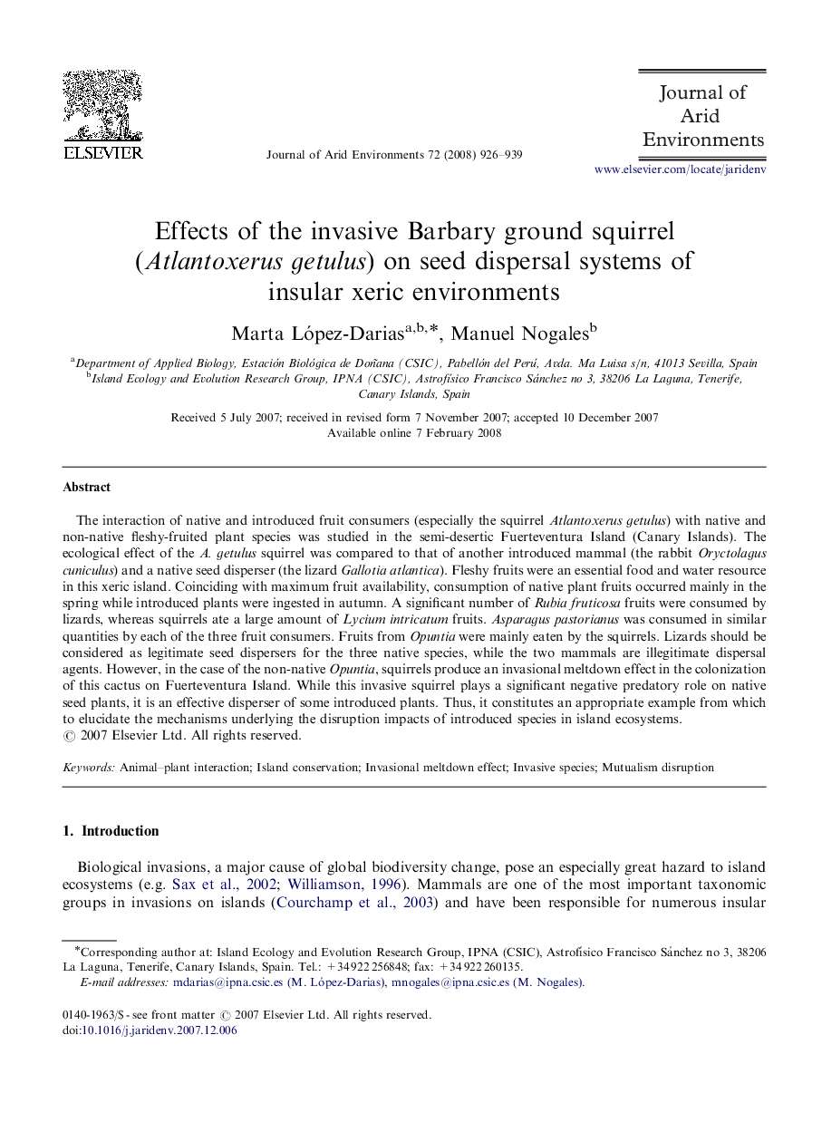 Effects of the invasive Barbary ground squirrel (Atlantoxerus getulus) on seed dispersal systems of insular xeric environments