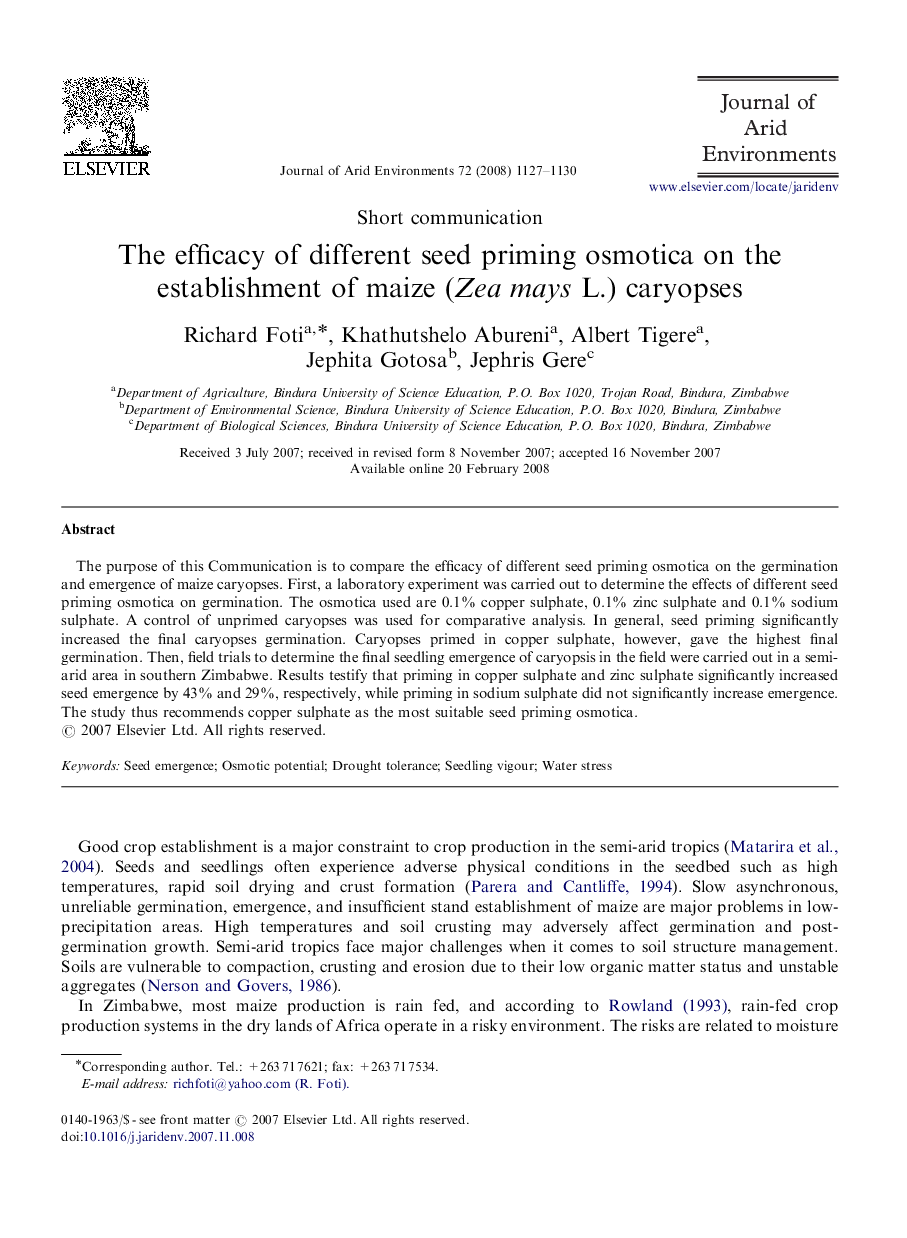 The efficacy of different seed priming osmotica on the establishment of maize (Zea mays L.) caryopses