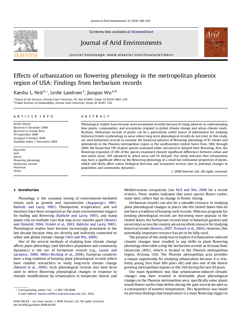 Effects of urbanization on flowering phenology in the metropolitan phoenix region of USA: Findings from herbarium records