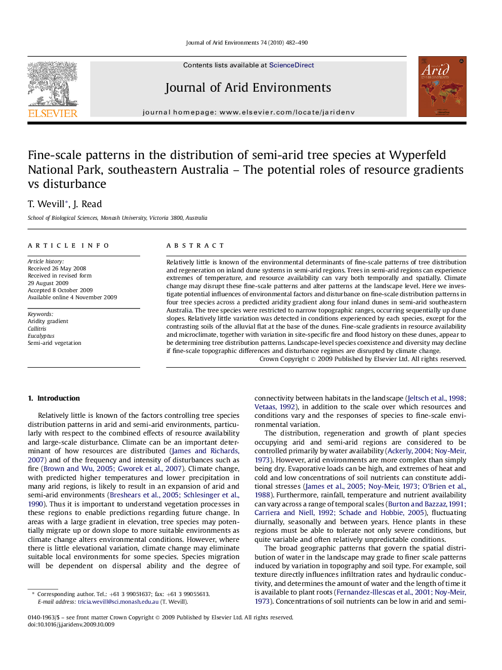 Fine-scale patterns in the distribution of semi-arid tree species at Wyperfeld National Park, southeastern Australia – The potential roles of resource gradients vs disturbance