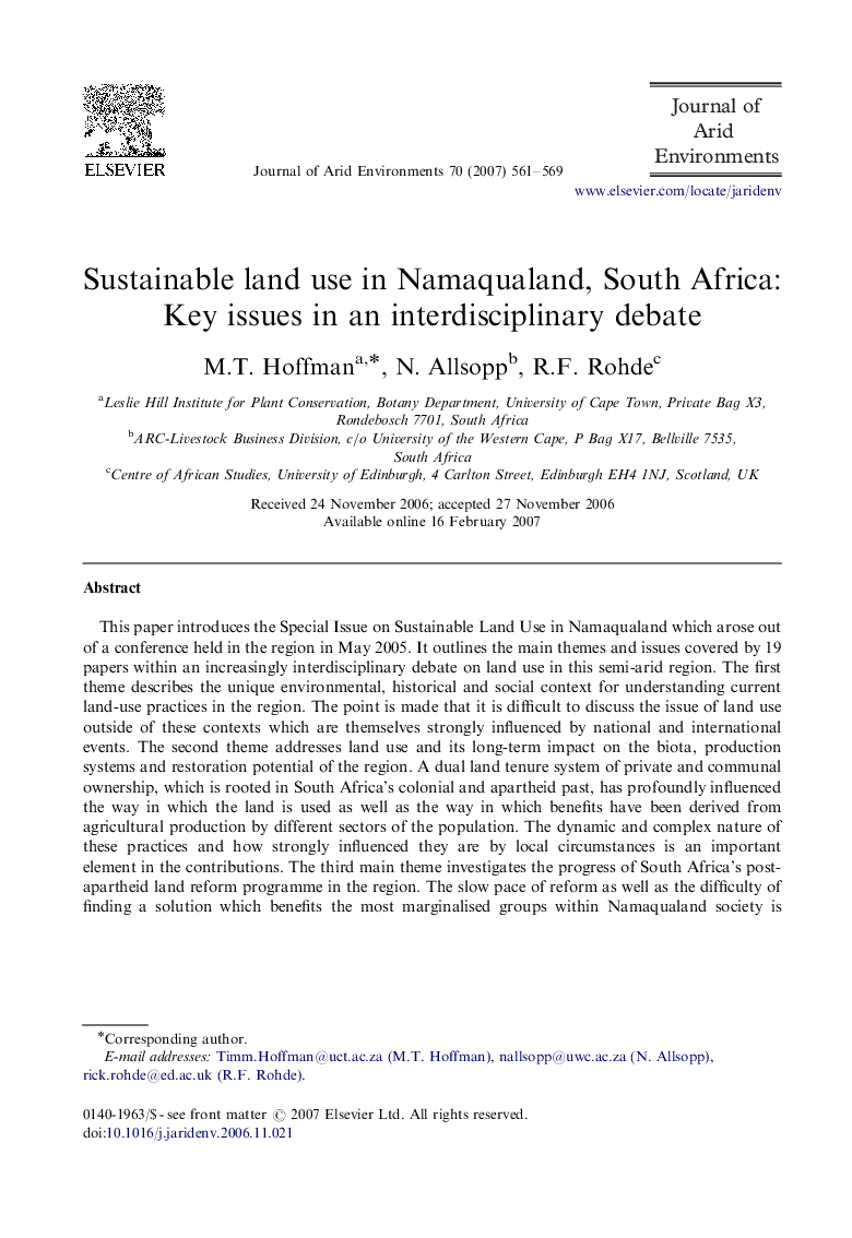 Sustainable land use in Namaqualand, South Africa: Key issues in an interdisciplinary debate