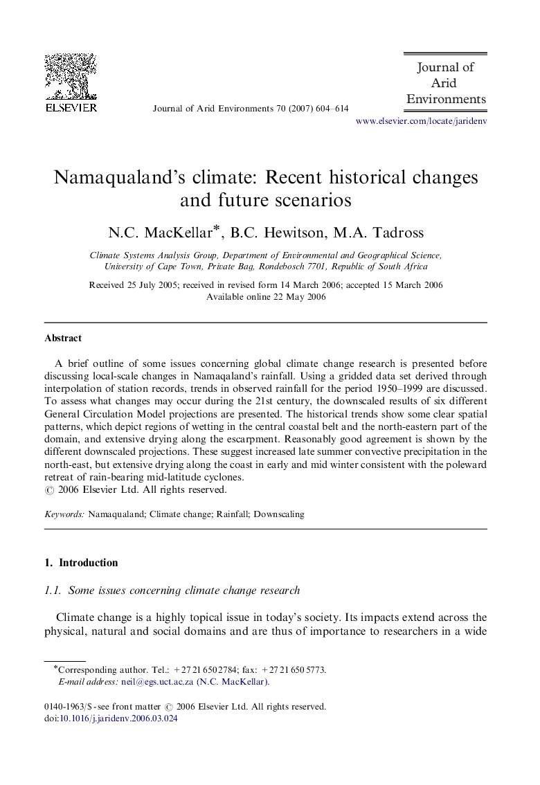 Namaqualand's climate: Recent historical changes and future scenarios