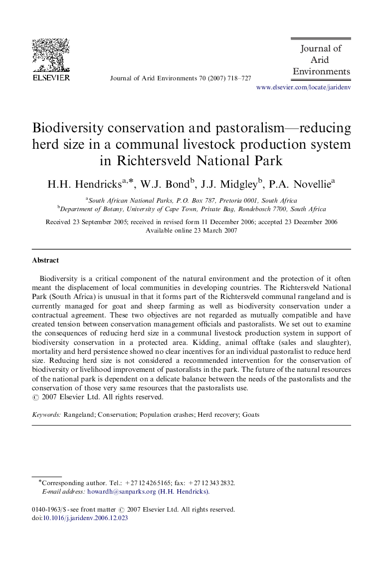 Biodiversity conservation and pastoralism—reducing herd size in a communal livestock production system in Richtersveld National Park