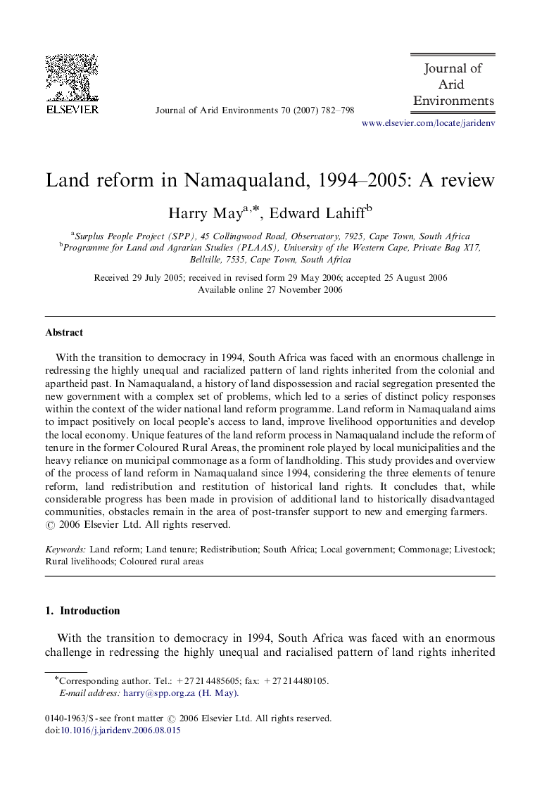 Land reform in Namaqualand, 1994–2005: A review