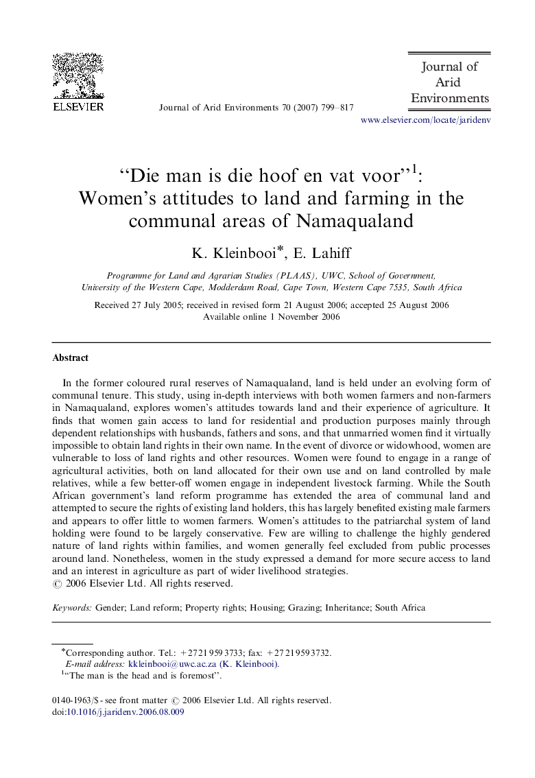 “Die man is die hoof en vat voor”1: Women's attitudes to land and farming in the communal areas of Namaqualand