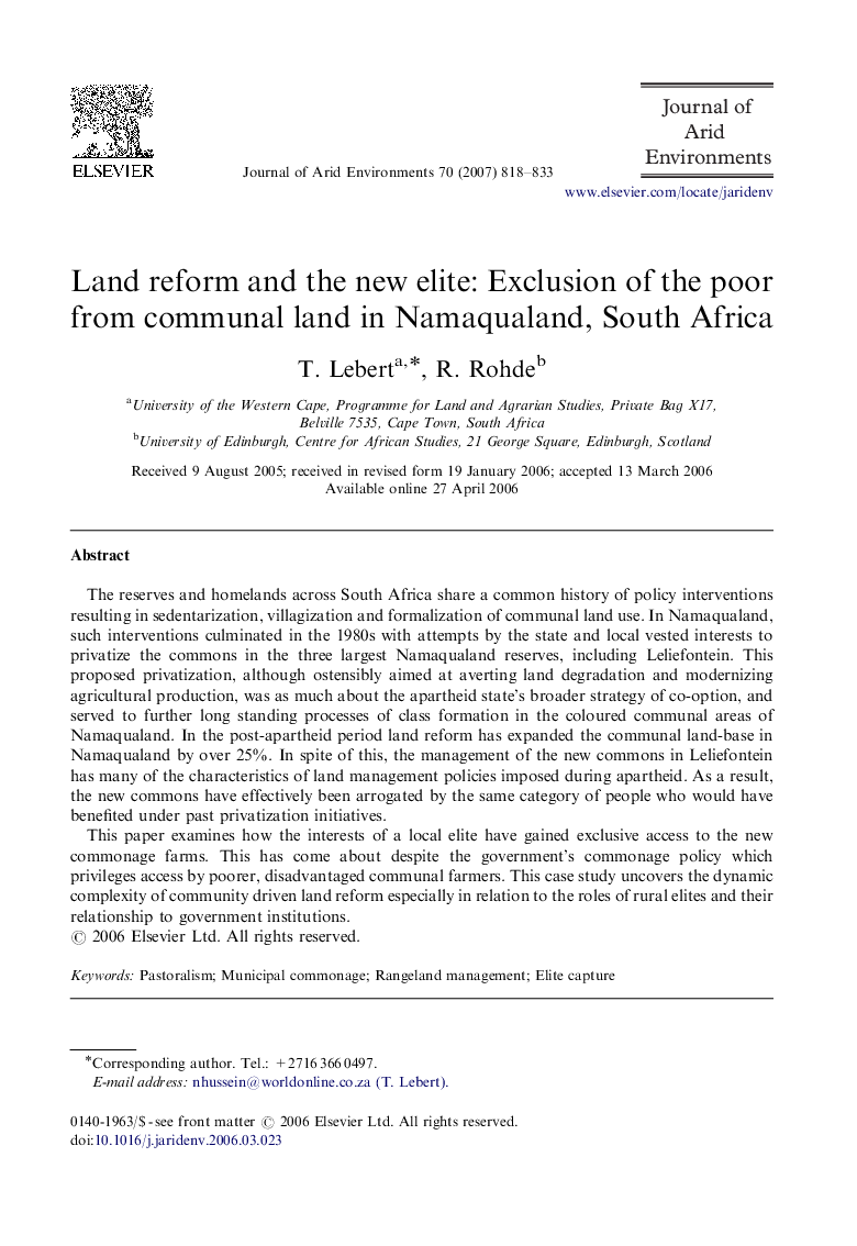 Land reform and the new elite: Exclusion of the poor from communal land in Namaqualand, South Africa