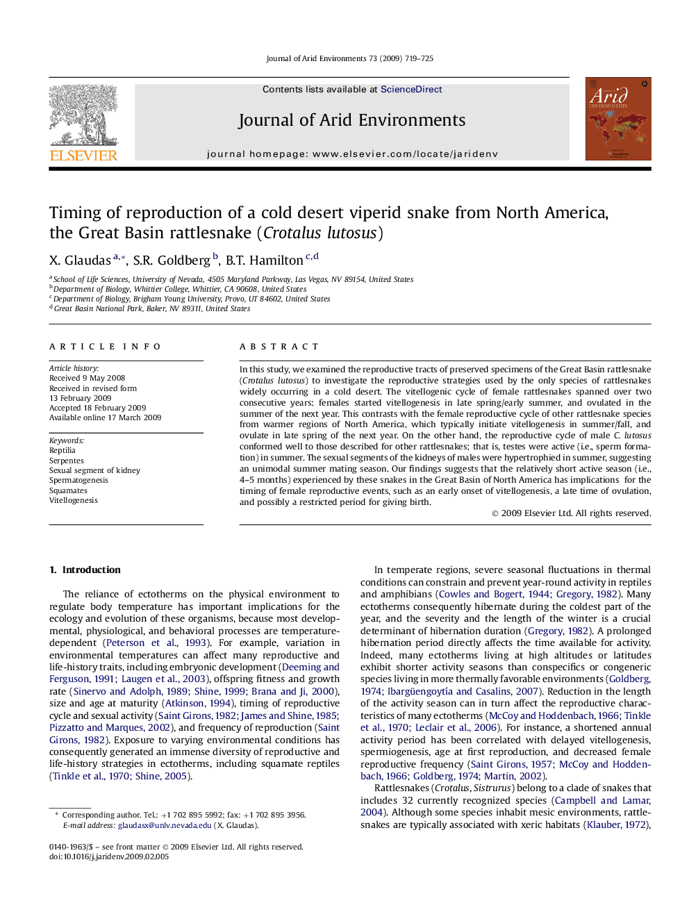 Timing of reproduction of a cold desert viperid snake from North America, the Great Basin rattlesnake (Crotalus lutosus)