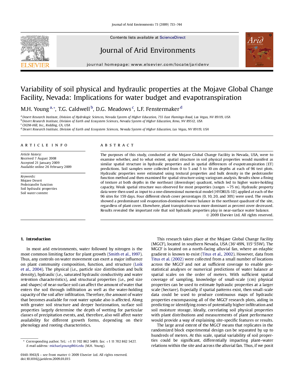 Variability of soil physical and hydraulic properties at the Mojave Global Change Facility, Nevada: Implications for water budget and evapotranspiration