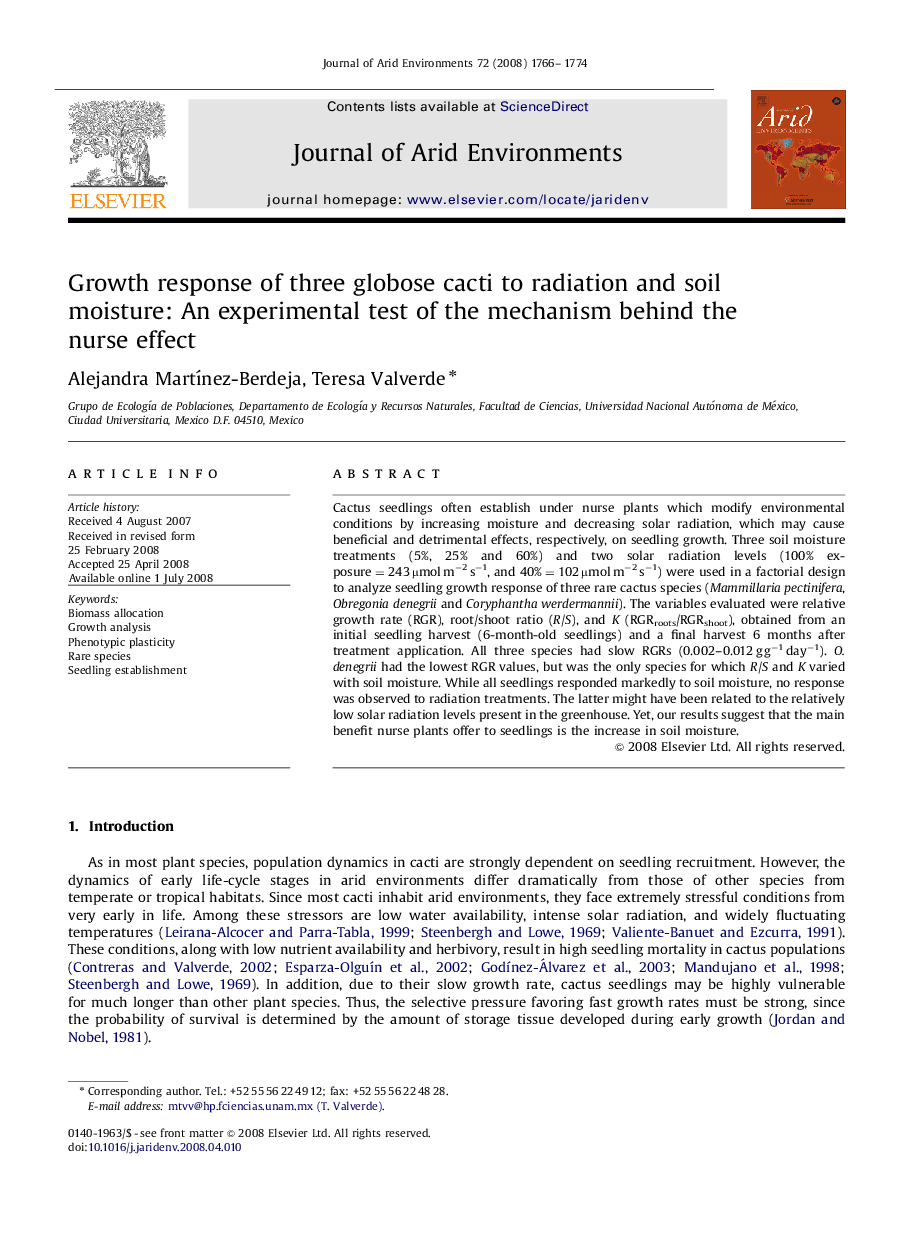 Growth response of three globose cacti to radiation and soil moisture: An experimental test of the mechanism behind the nurse effect