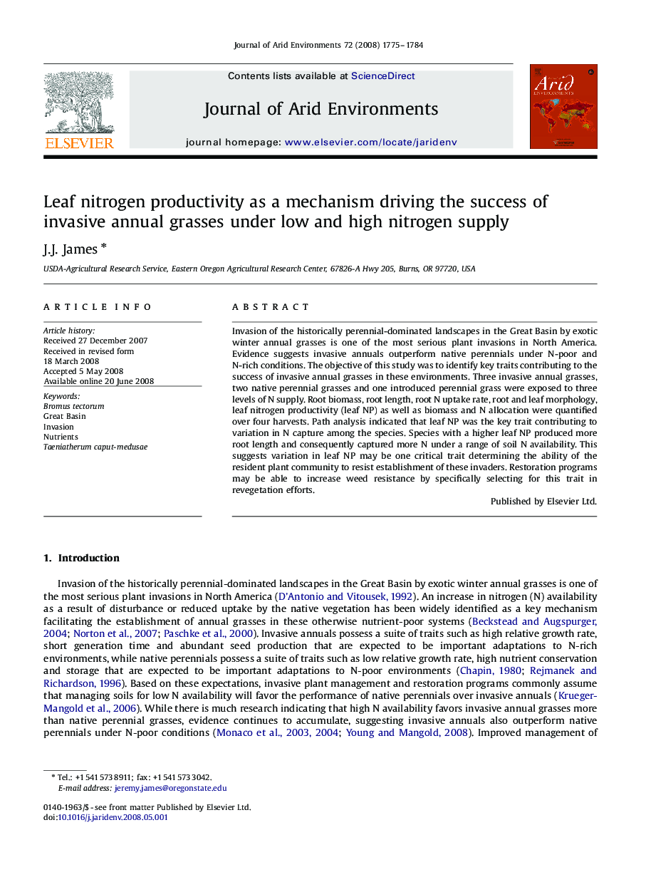 Leaf nitrogen productivity as a mechanism driving the success of invasive annual grasses under low and high nitrogen supply