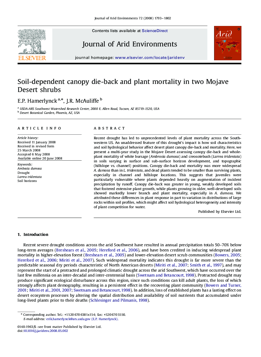 Soil-dependent canopy die-back and plant mortality in two Mojave Desert shrubs