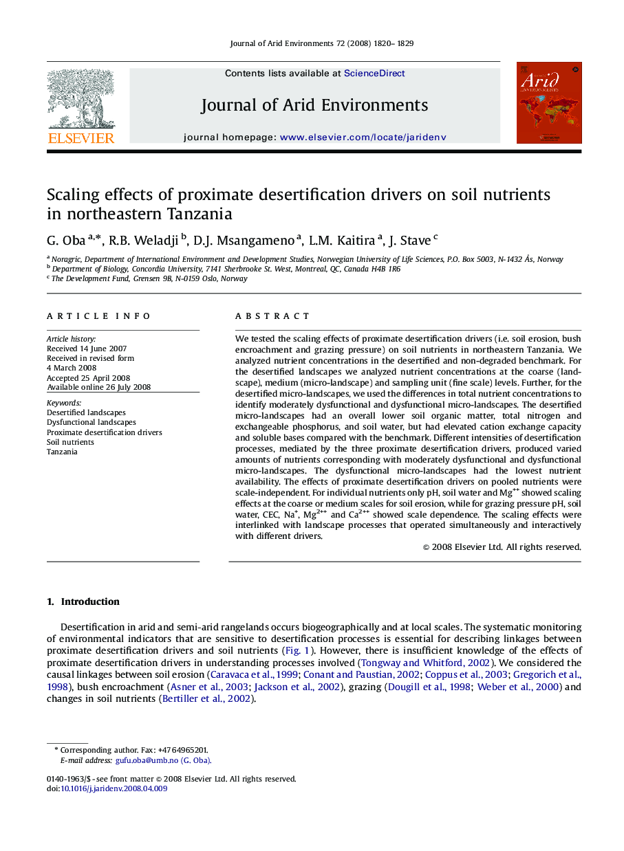 عکس صفحه اول مقاله: Scaling effects of proximate desertification drivers on soil nutrients in northeastern Tanzania Scaling effects of proximate desertification drivers on soil nutrients in northeastern Tanzania