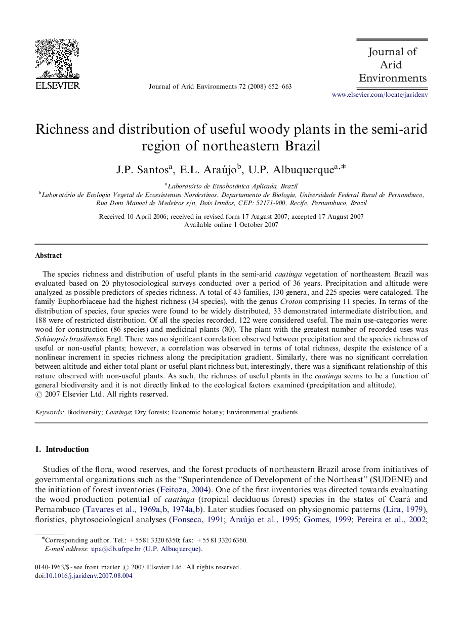 Richness and distribution of useful woody plants in the semi-arid region of northeastern Brazil