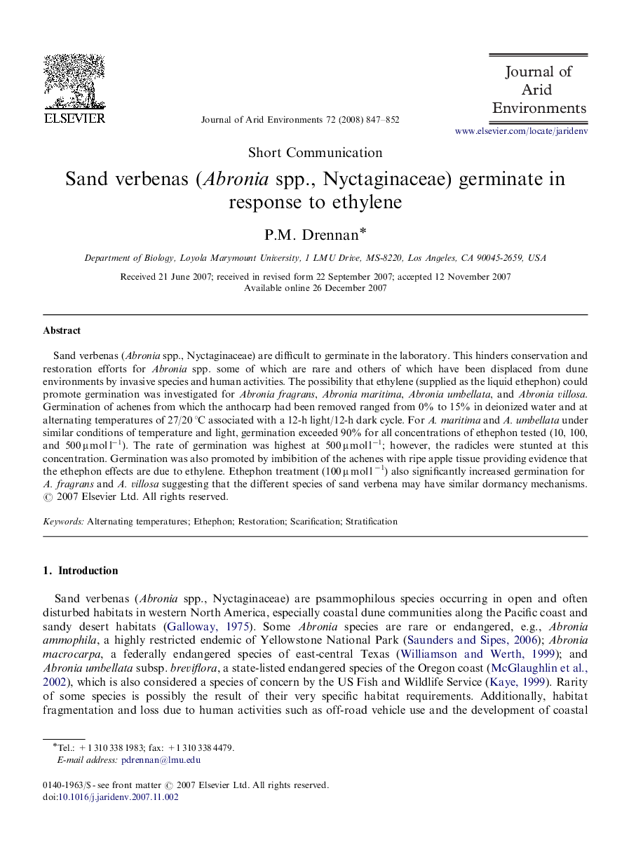 Sand verbenas (Abronia spp., Nyctaginaceae) germinate in response to ethylene