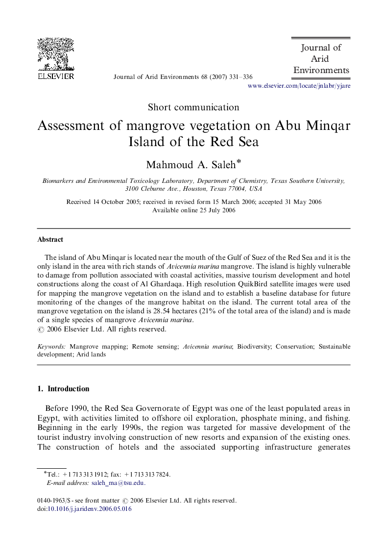 Assessment of mangrove vegetation on Abu Minqar Island of the Red Sea