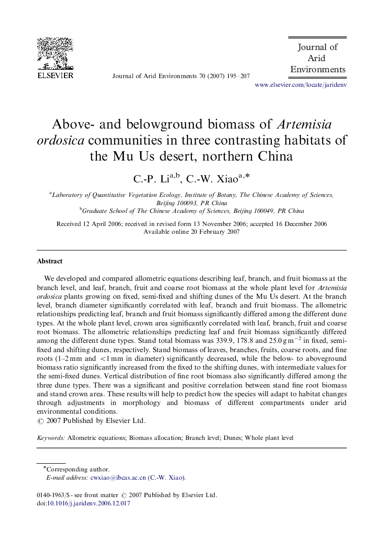 Above- and belowground biomass of Artemisia ordosica communities in three contrasting habitats of the Mu Us desert, northern China