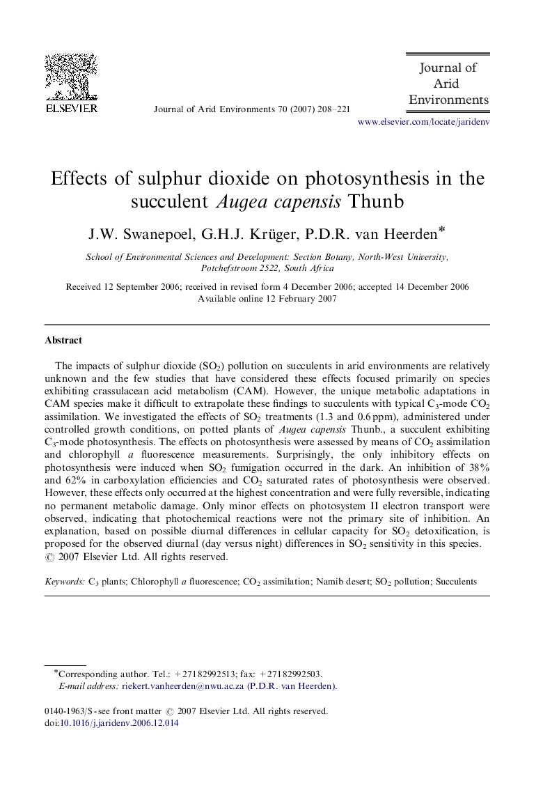 Effects of sulphur dioxide on photosynthesis in the succulent Augea capensis Thunb