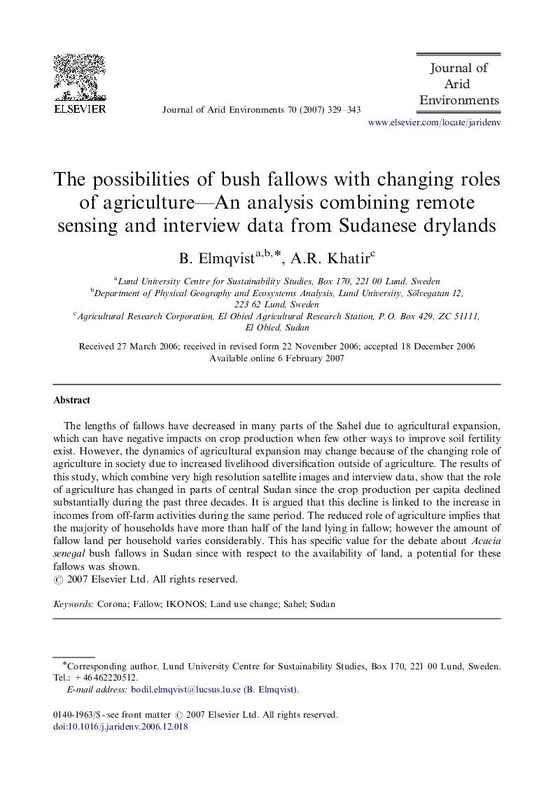 The possibilities of bush fallows with changing roles of agriculture-An analysis combining remote sensing and interview data from Sudanese drylands