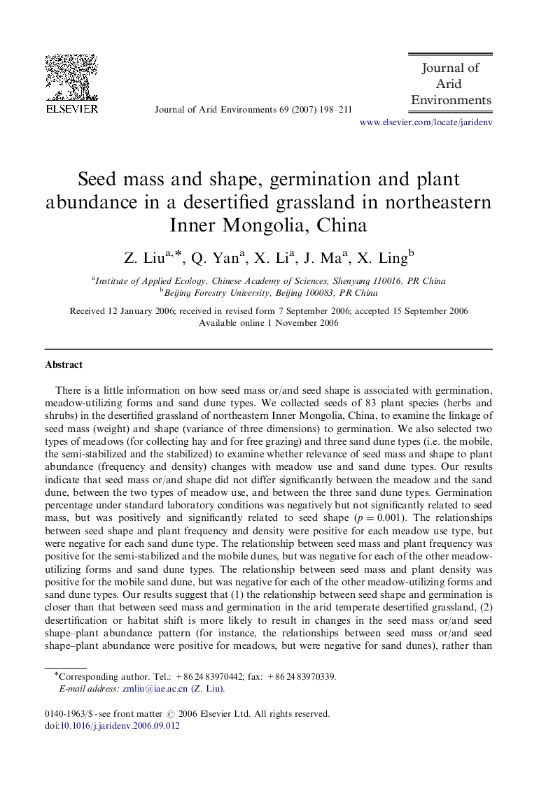 Seed mass and shape, germination and plant abundance in a desertified grassland in northeastern Inner Mongolia, China