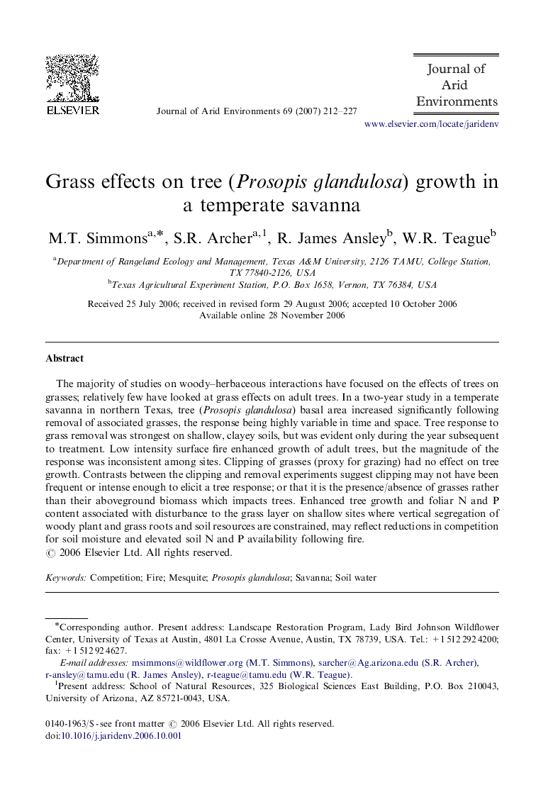 Grass effects on tree (Prosopis glandulosa) growth in a temperate savanna