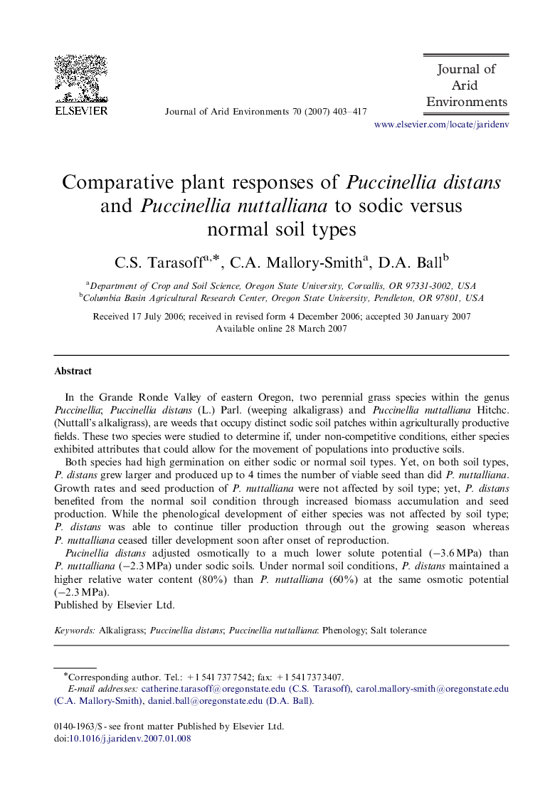 Comparative plant responses of Puccinellia distans and Puccinellia nuttalliana to sodic versus normal soil types