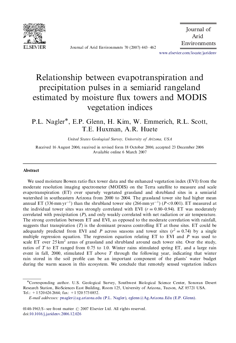 عکس صفحه اول مقاله: Relationship between evapotranspiration and precipitation pulses in a semiarid rangeland estimated by moisture flux towers and MODIS vegetation indices Relationship between evapotranspiration and precipitation pulses in a semiarid rangeland estimated by moisture flux towers and MODIS vegetation indices