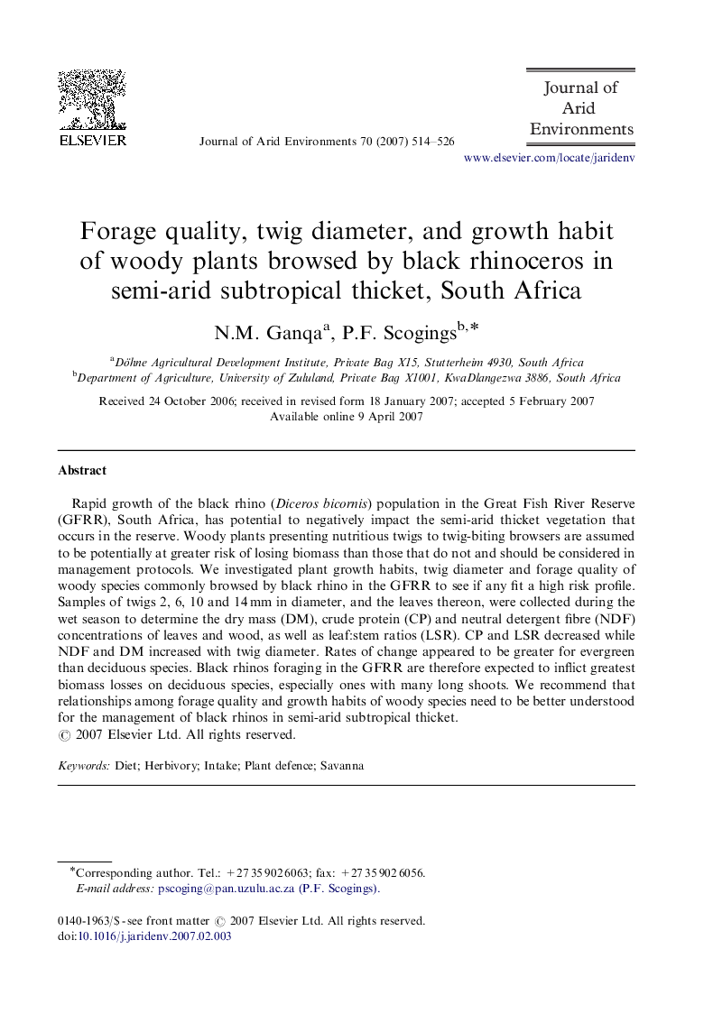 Forage quality, twig diameter, and growth habit of woody plants browsed by black rhinoceros in semi-arid subtropical thicket, South Africa