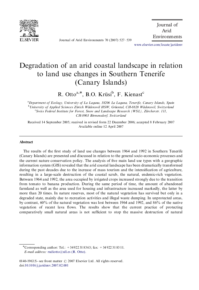 Degradation of an arid coastal landscape in relation to land use changes in Southern Tenerife (Canary Islands)