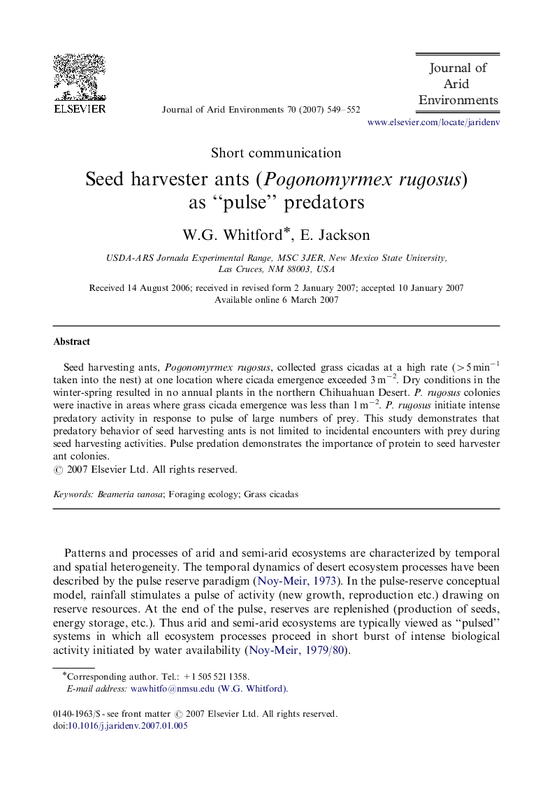 Seed harvester ants (Pogonomyrmex rugosus) as “pulse” predators