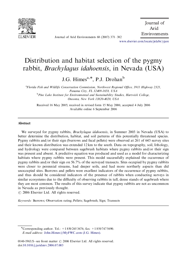 Distribution and habitat selection of the pygmy rabbit, Brachylagus idahoensis, in Nevada (USA)