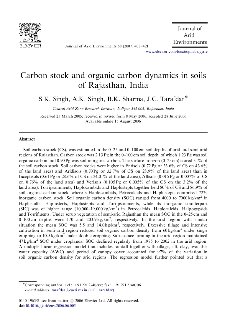 Carbon stock and organic carbon dynamics in soils of Rajasthan, India