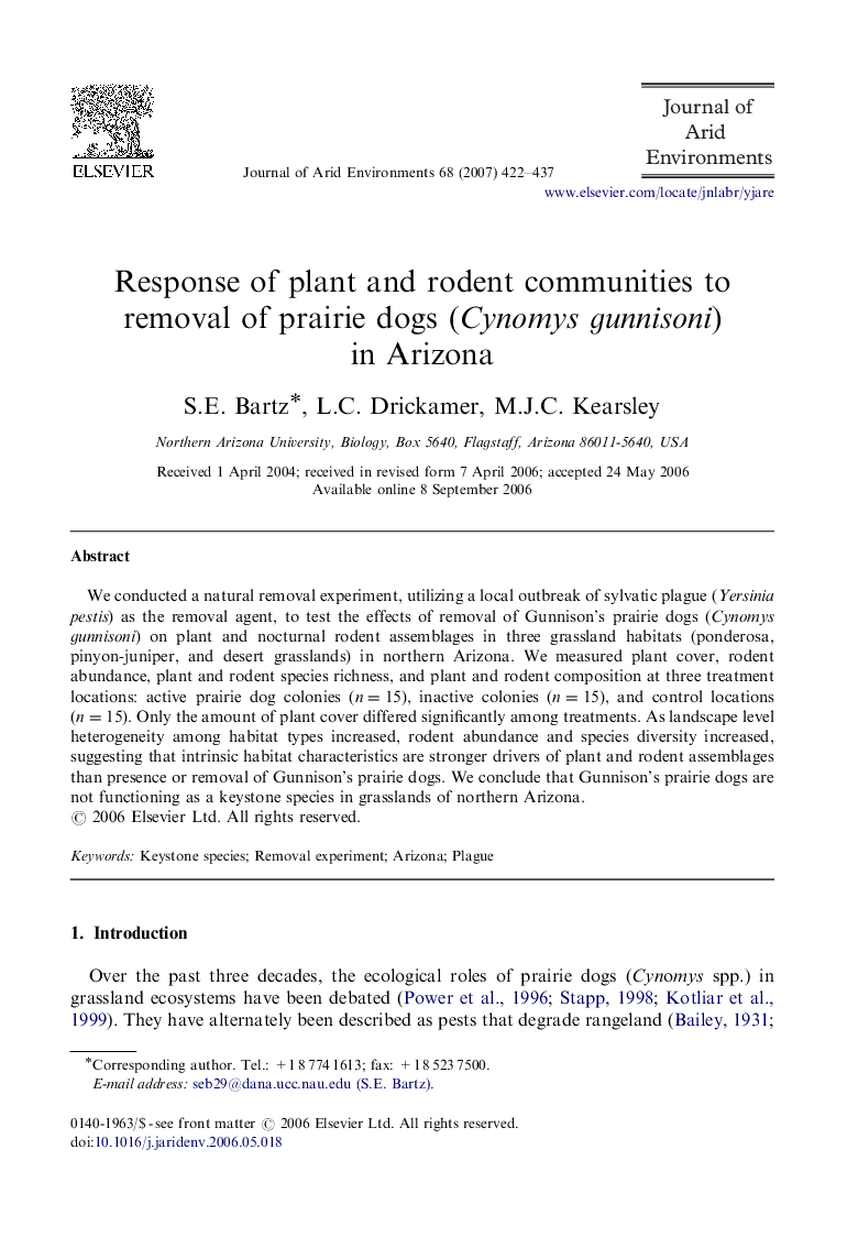 Response of plant and rodent communities to removal of prairie dogs (Cynomys gunnisoni) in Arizona