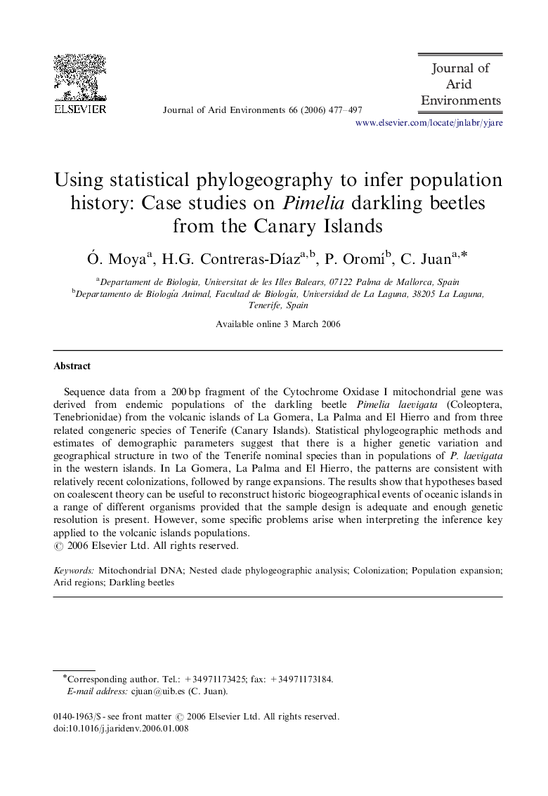 Using statistical phylogeography to infer population history: Case studies on Pimelia darkling beetles from the Canary Islands