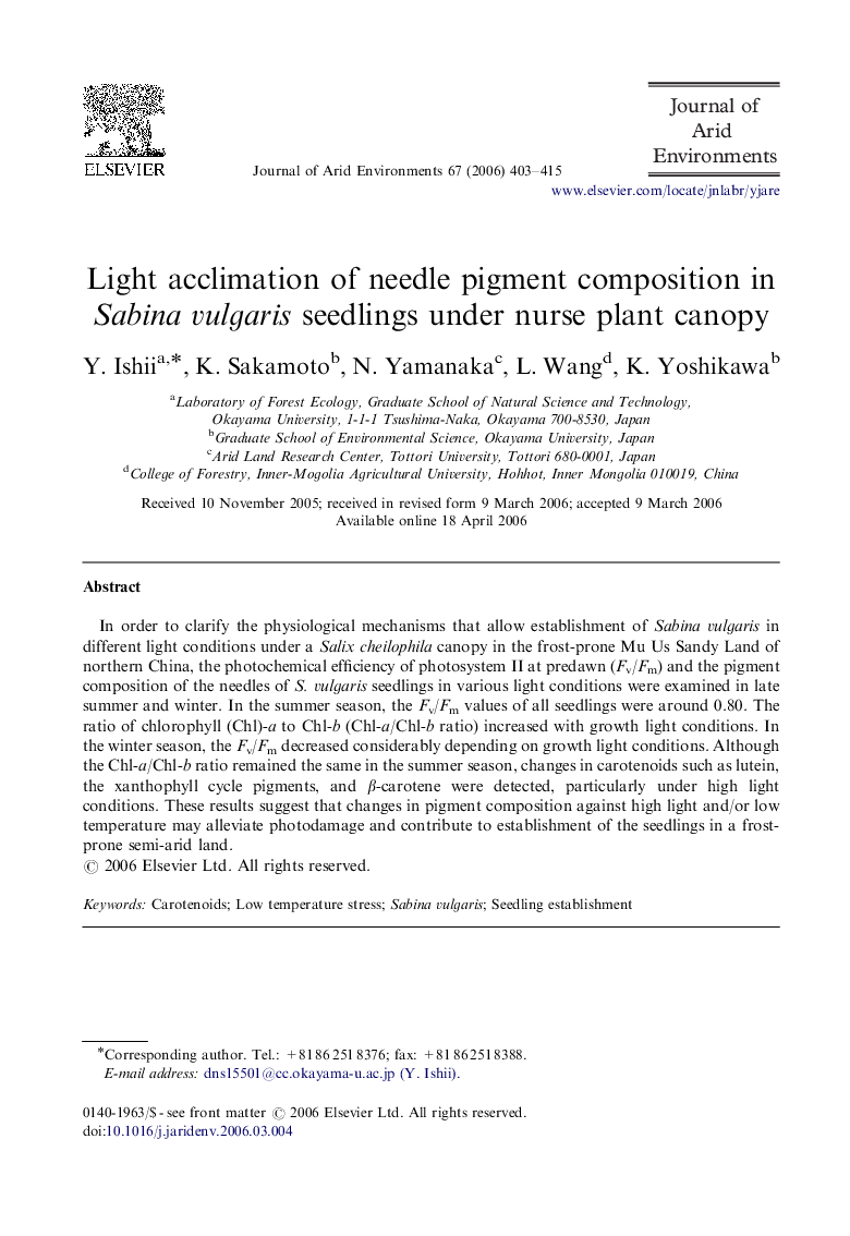 Light acclimation of needle pigment composition in Sabina vulgaris seedlings under nurse plant canopy