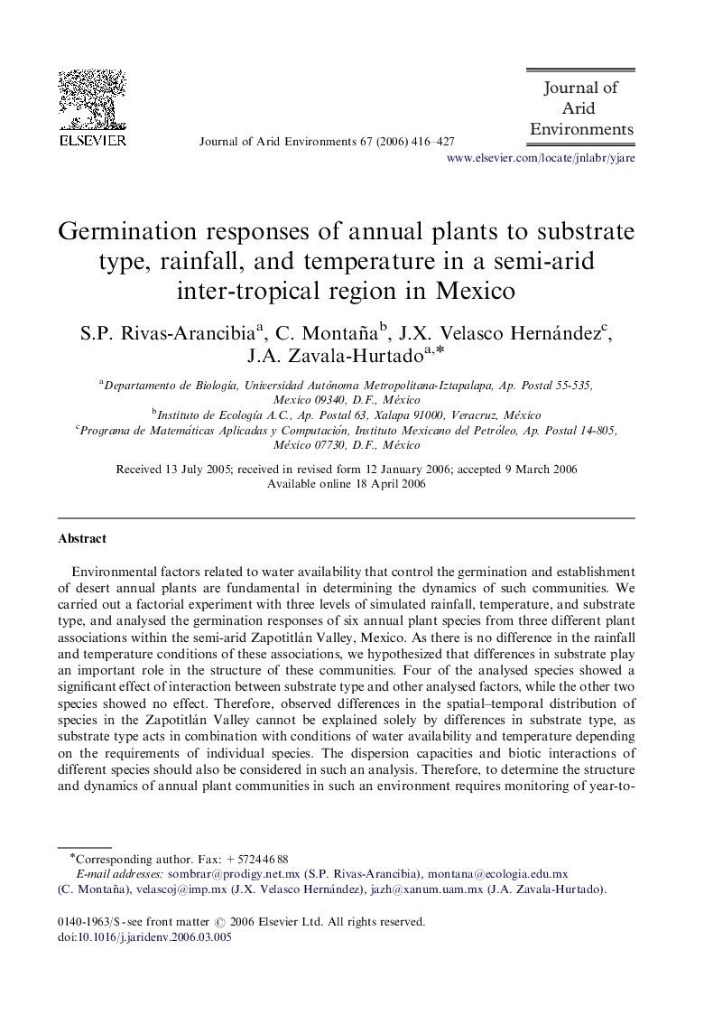 Germination responses of annual plants to substrate type, rainfall, and temperature in a semi-arid inter-tropical region in Mexico