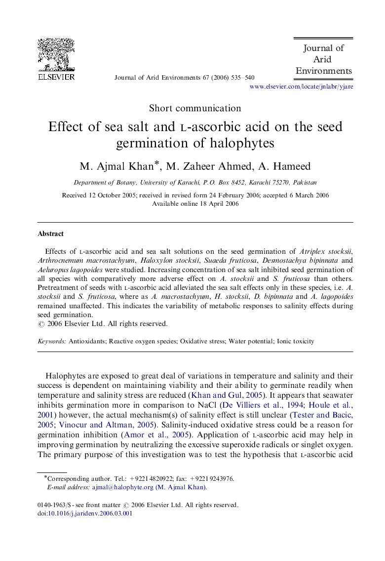 Effect of sea salt and l-ascorbic acid on the seed germination of halophytes