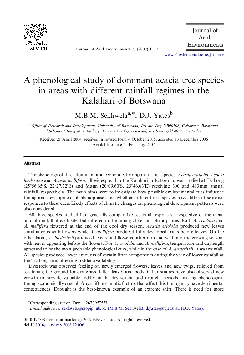 A phenological study of dominant acacia tree species in areas with different rainfall regimes in the Kalahari of Botswana