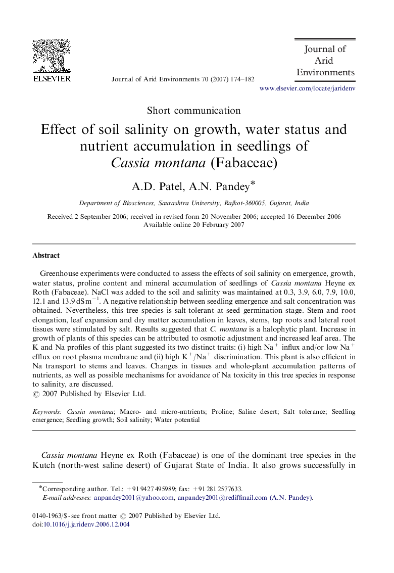 Effect of soil salinity on growth, water status and nutrient accumulation in seedlings of Cassia montana (Fabaceae)