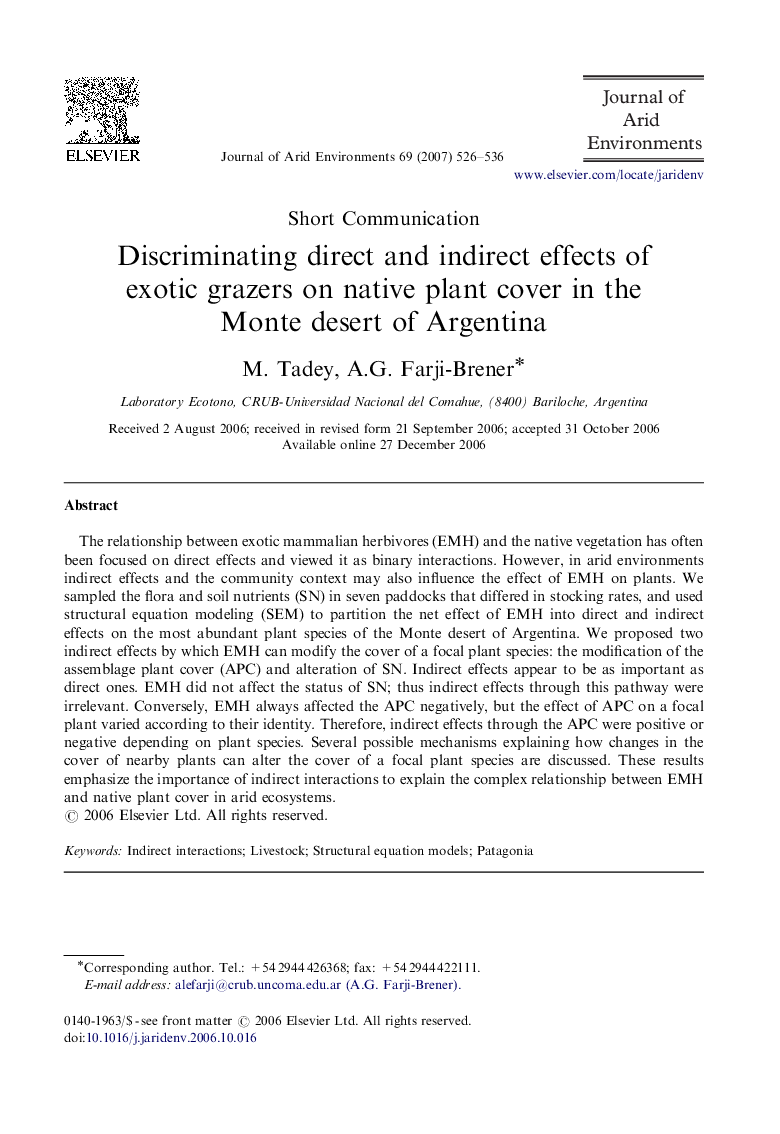 Discriminating direct and indirect effects of exotic grazers on native plant cover in the Monte desert of Argentina