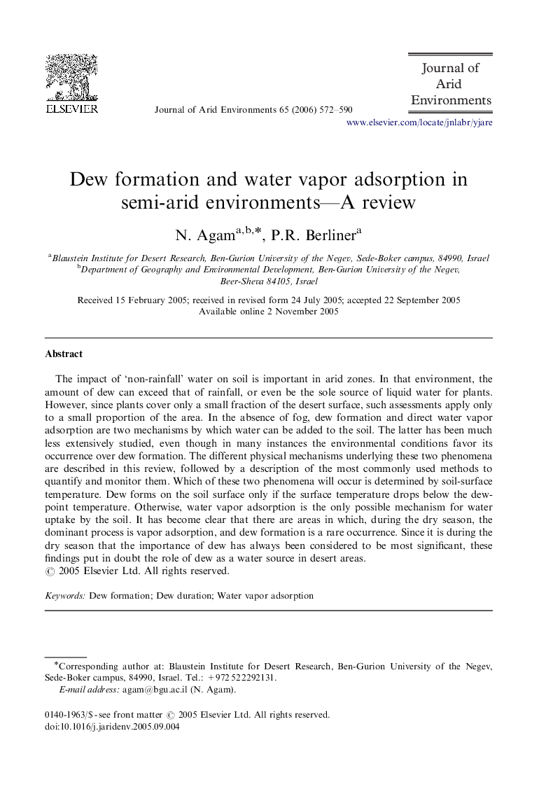 Dew formation and water vapor adsorption in semi-arid environments—A review