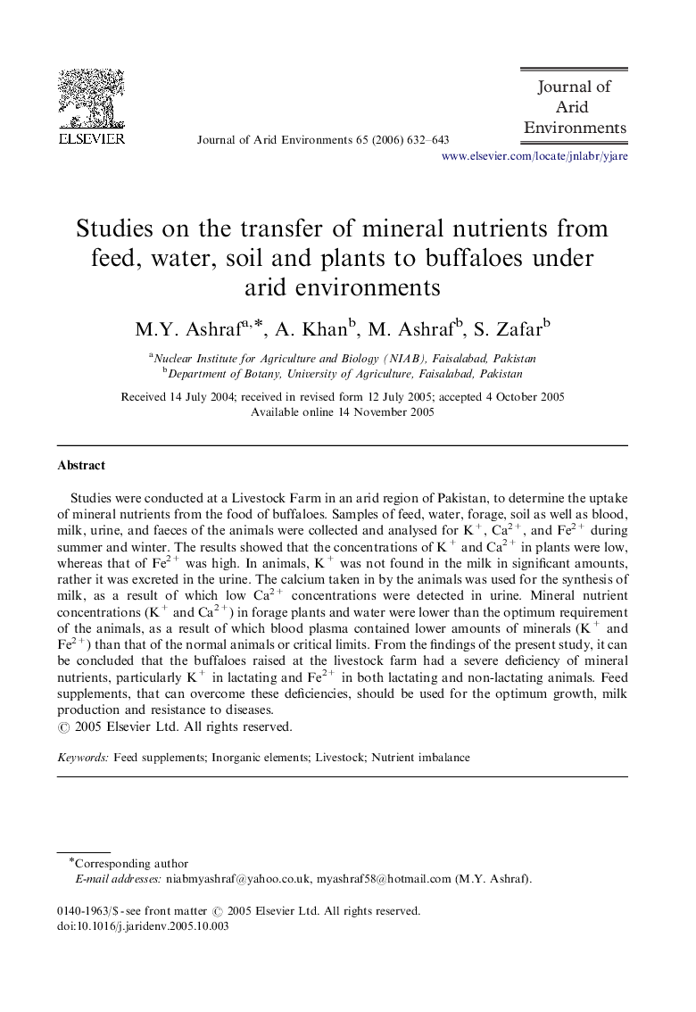 Studies on the transfer of mineral nutrients from feed, water, soil and plants to buffaloes under arid environments