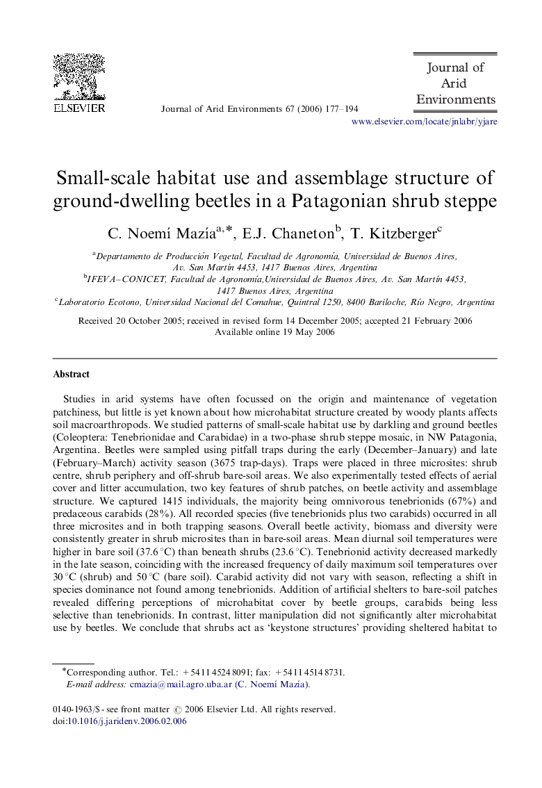 Small-scale habitat use and assemblage structure of ground-dwelling beetles in a Patagonian shrub steppe