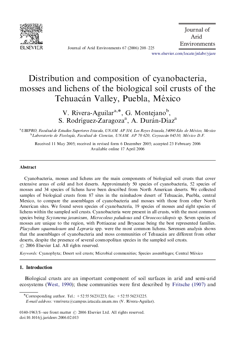 Distribution and composition of cyanobacteria, mosses and lichens of the biological soil crusts of the Tehuacán Valley, Puebla, México