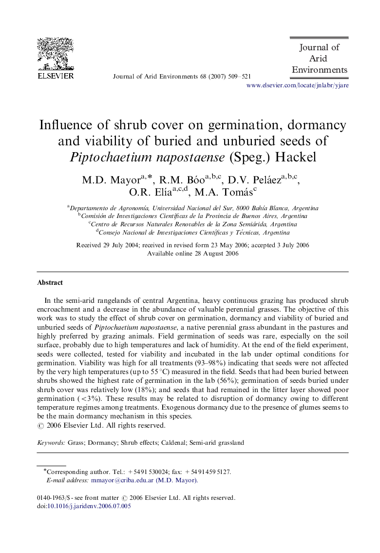 Influence of shrub cover on germination, dormancy and viability of buried and unburied seeds of Piptochaetium napostaense (Speg.) Hackel