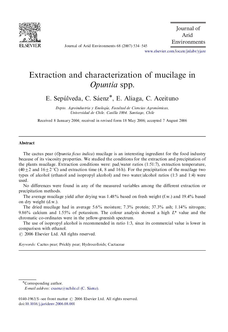 Extraction and characterization of mucilage in Opuntia spp.