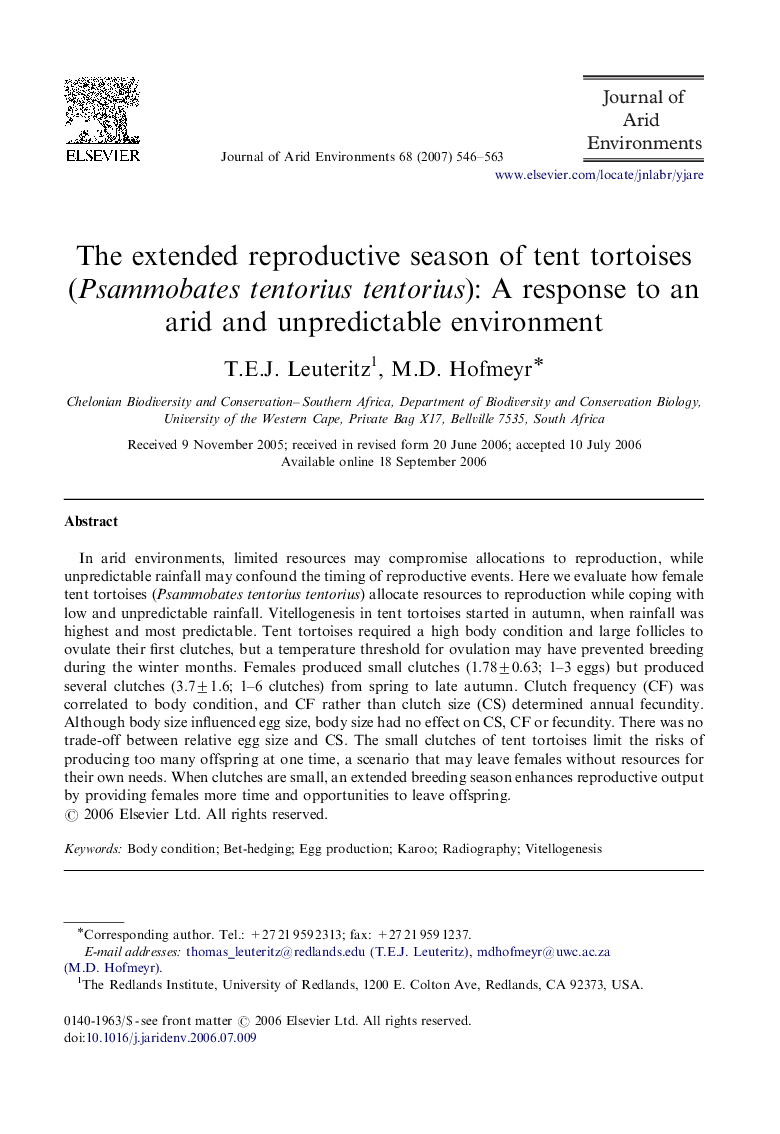 The extended reproductive season of tent tortoises (Psammobates tentorius tentorius): A response to an arid and unpredictable environment