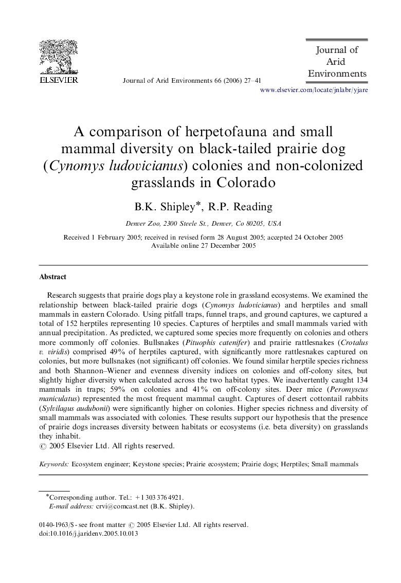 A comparison of herpetofauna and small mammal diversity on black-tailed prairie dog (Cynomys ludovicianus) colonies and non-colonized grasslands in Colorado