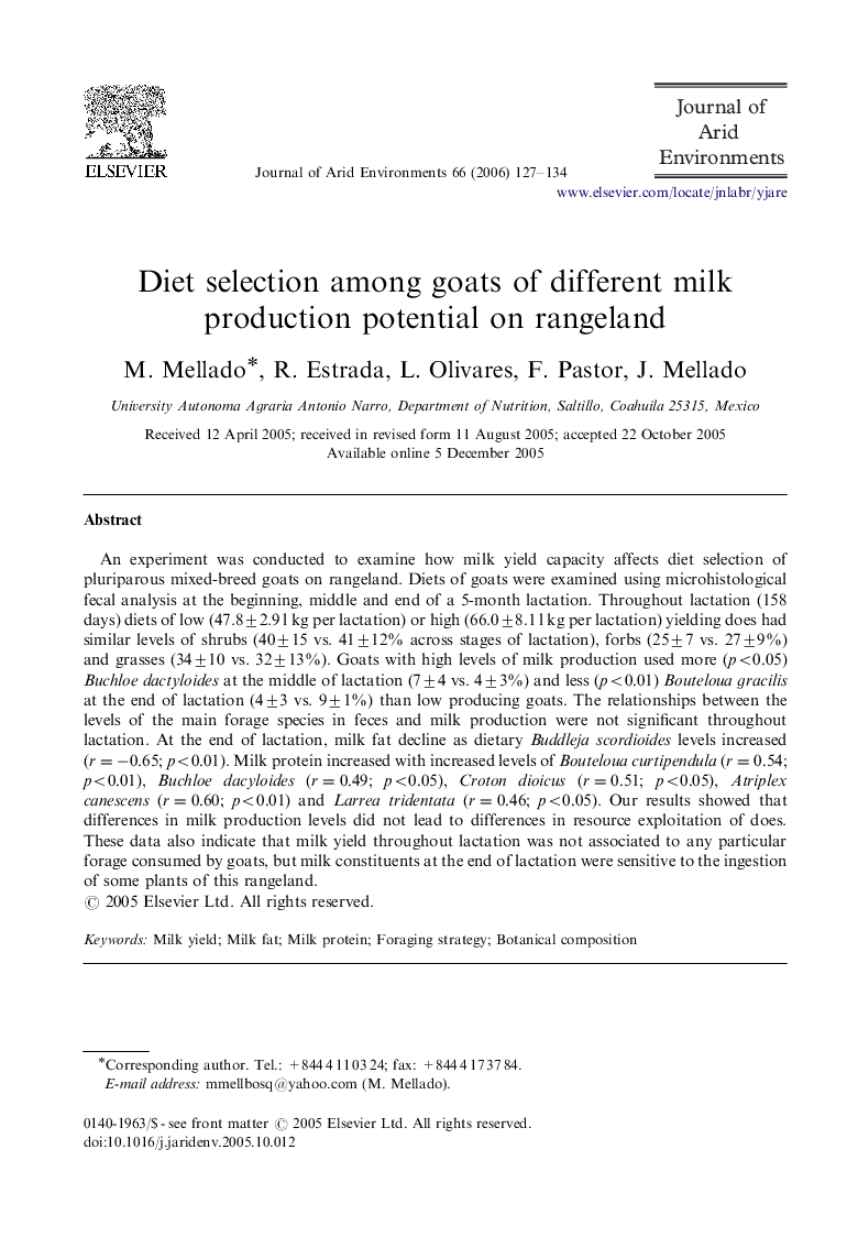 Diet selection among goats of different milk production potential on rangeland